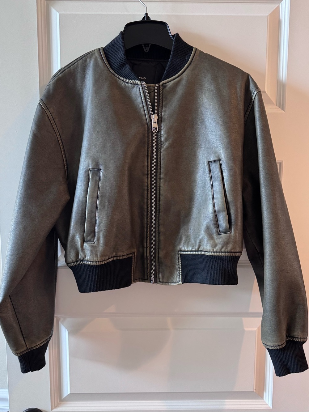 Mango Olive Faux Leather Bomber Jacket with Black Trim